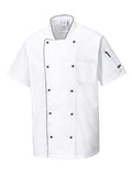 Chefkochjacke kurzarm, Stehkragen, doppelt geknöpft, Brusttasche, weiß