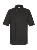 Portwest Surrey Kochjacke kurzarm in Schwarz mit Stehkragen und Druckknöpfen vorne