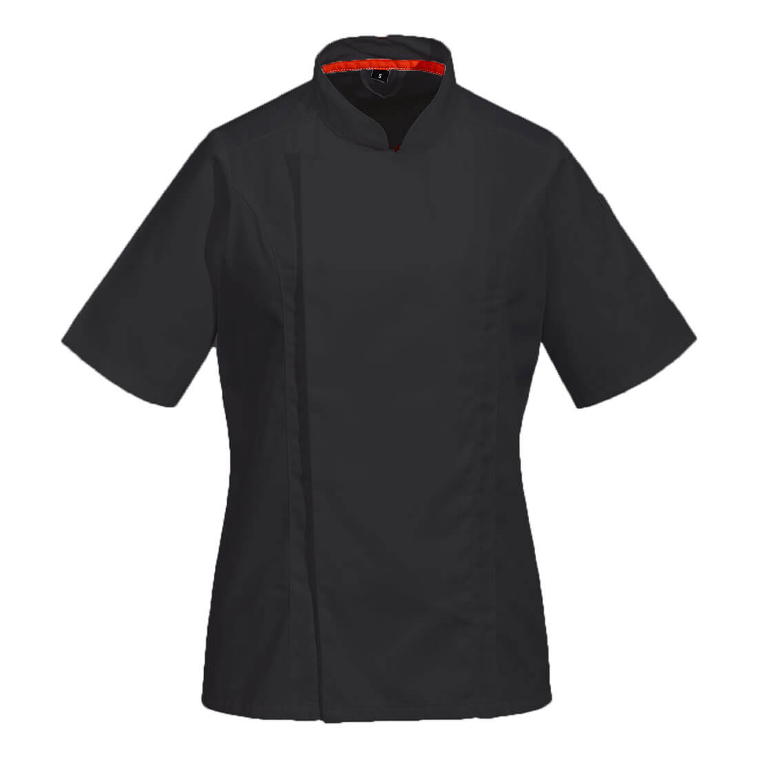 Damenkochjacke mit kurzem Arm, Stehkragen, durchgehendem Reißverschluss, schwarz, rot abgesetzt