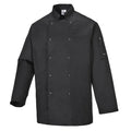 Schwarze Kochjacke mit Stehkragen, doppelreihiger Knopfleiste und langen Ärmeln