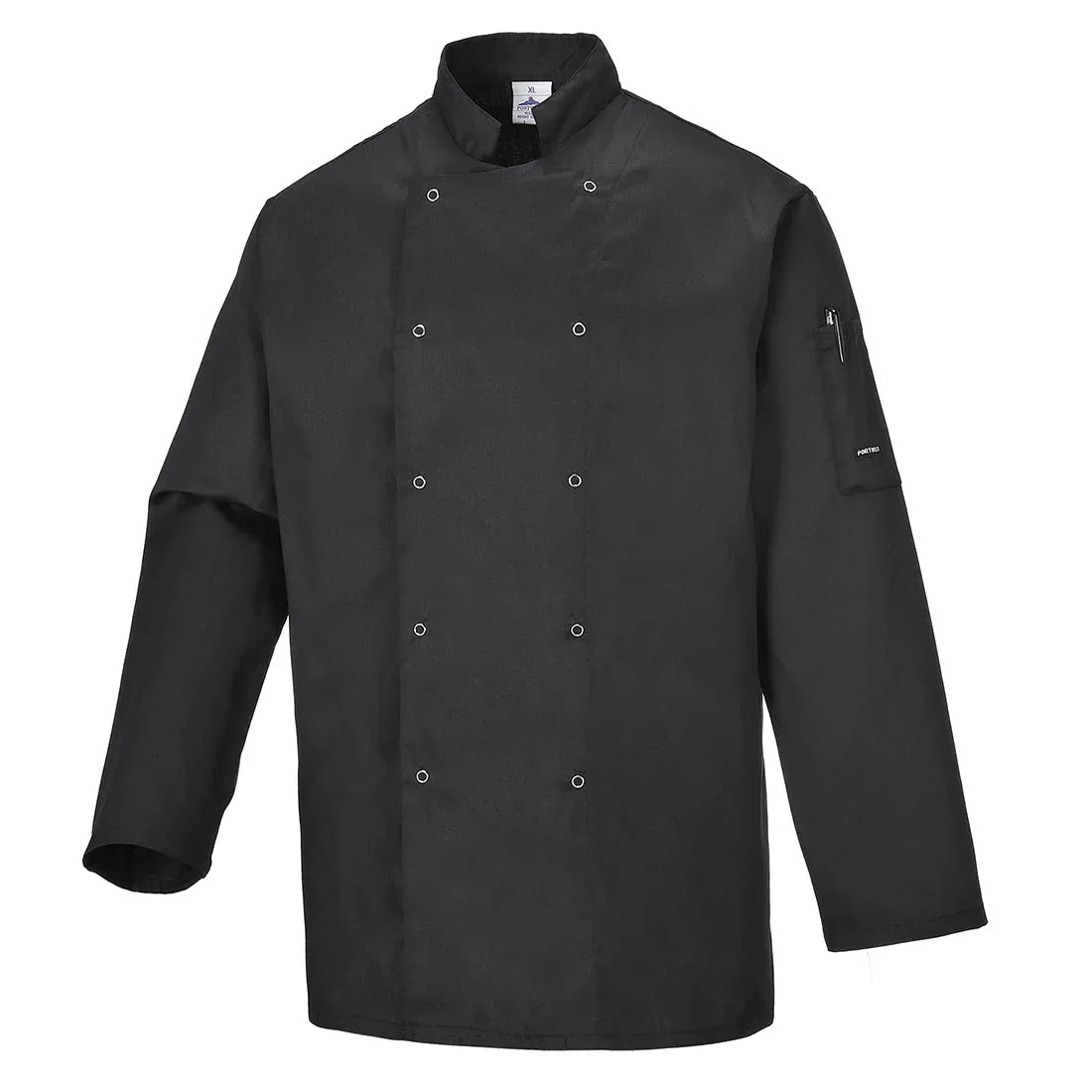 Schwarze Kochjacke mit Stehkragen, doppelreihiger Knopfleiste und langen Ärmeln
