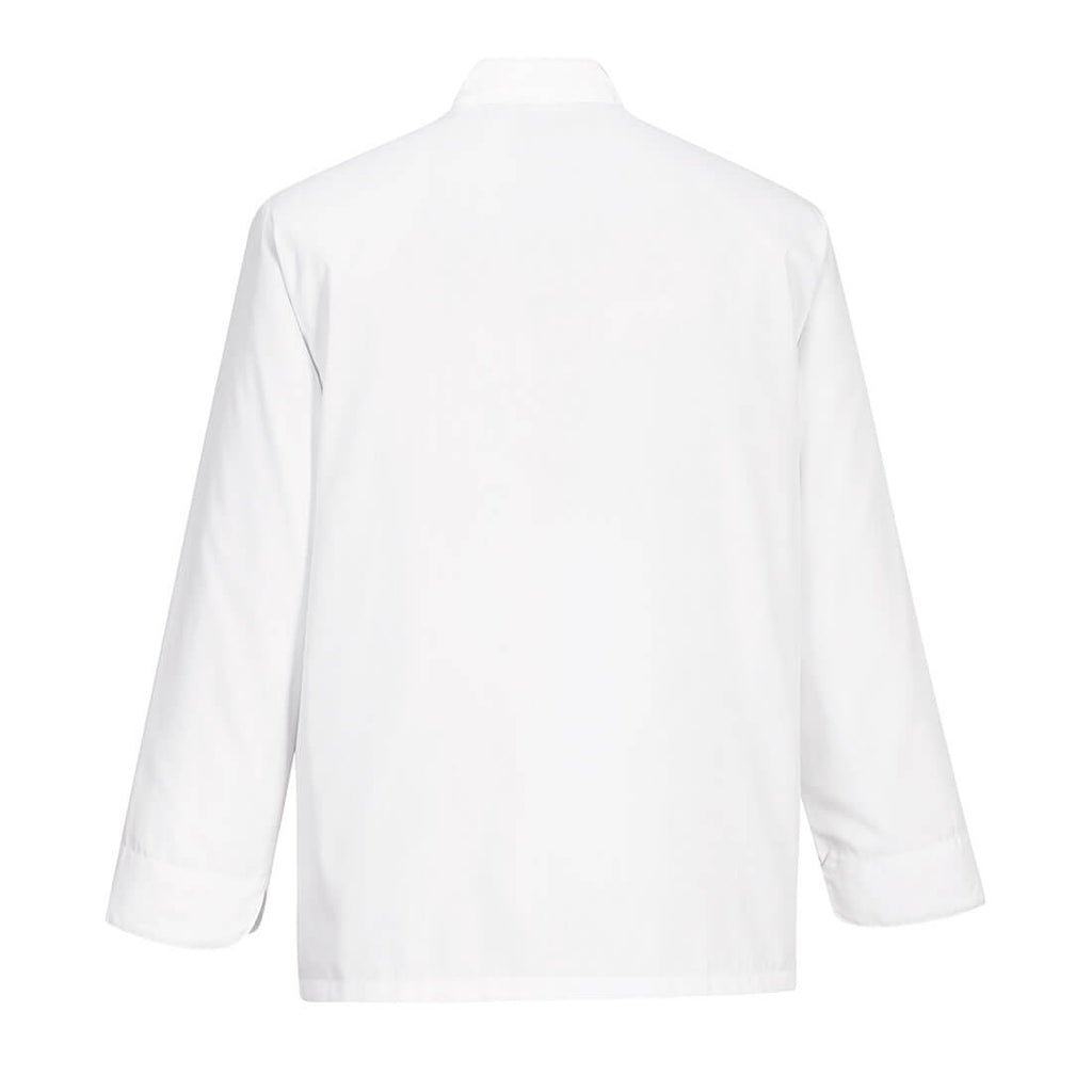 Weiße Kochjacke mit Stehkragen, Rückansicht