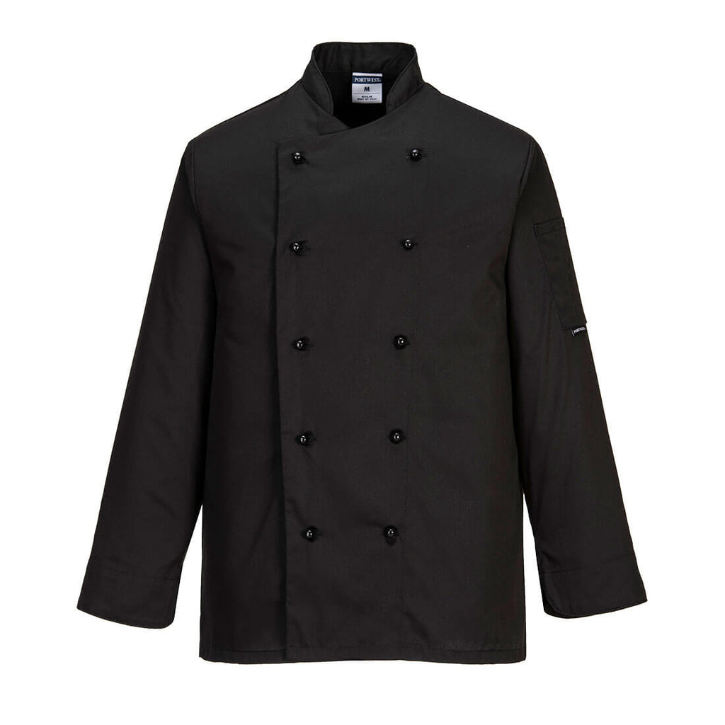Portwest Somerset Kochjacke: schwarze Front mit Knopfleiste, Stehkragen