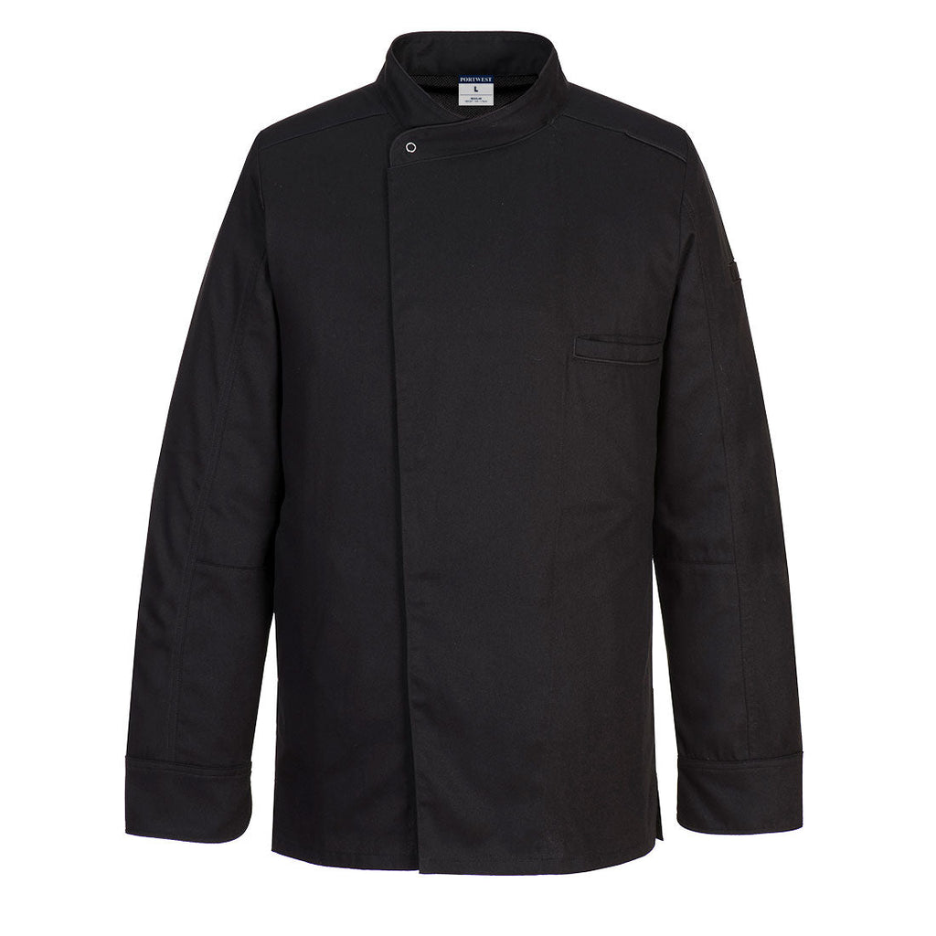 Schwarze Kochjacke mit Stehkragen, Knopfleiste und Brusttasche, langärmlig