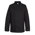 Schwarze Kochjacke mit Stehkragen, Knopfleiste und Brusttasche, langärmlig