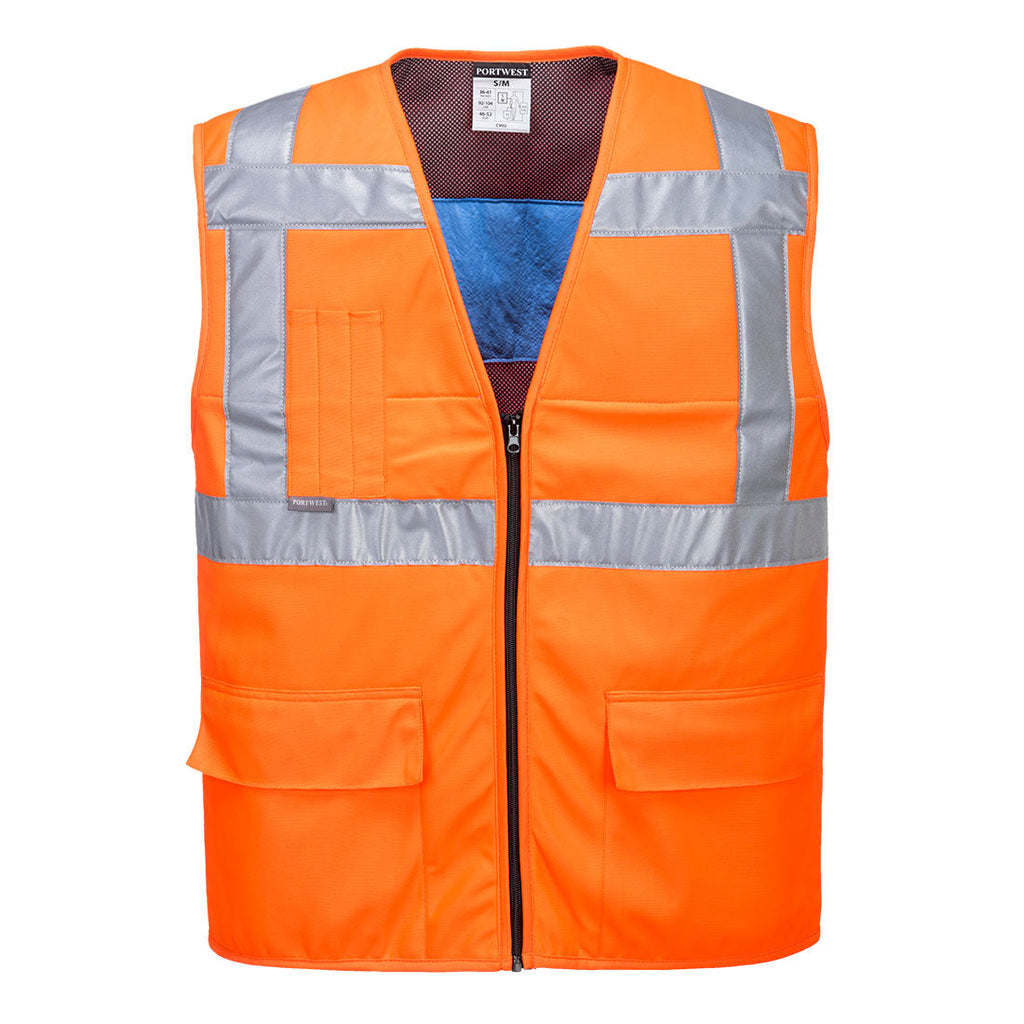 Warnschutz-Kühlweste orange mit Reflexstreifen, Reißverschluss und Taschen