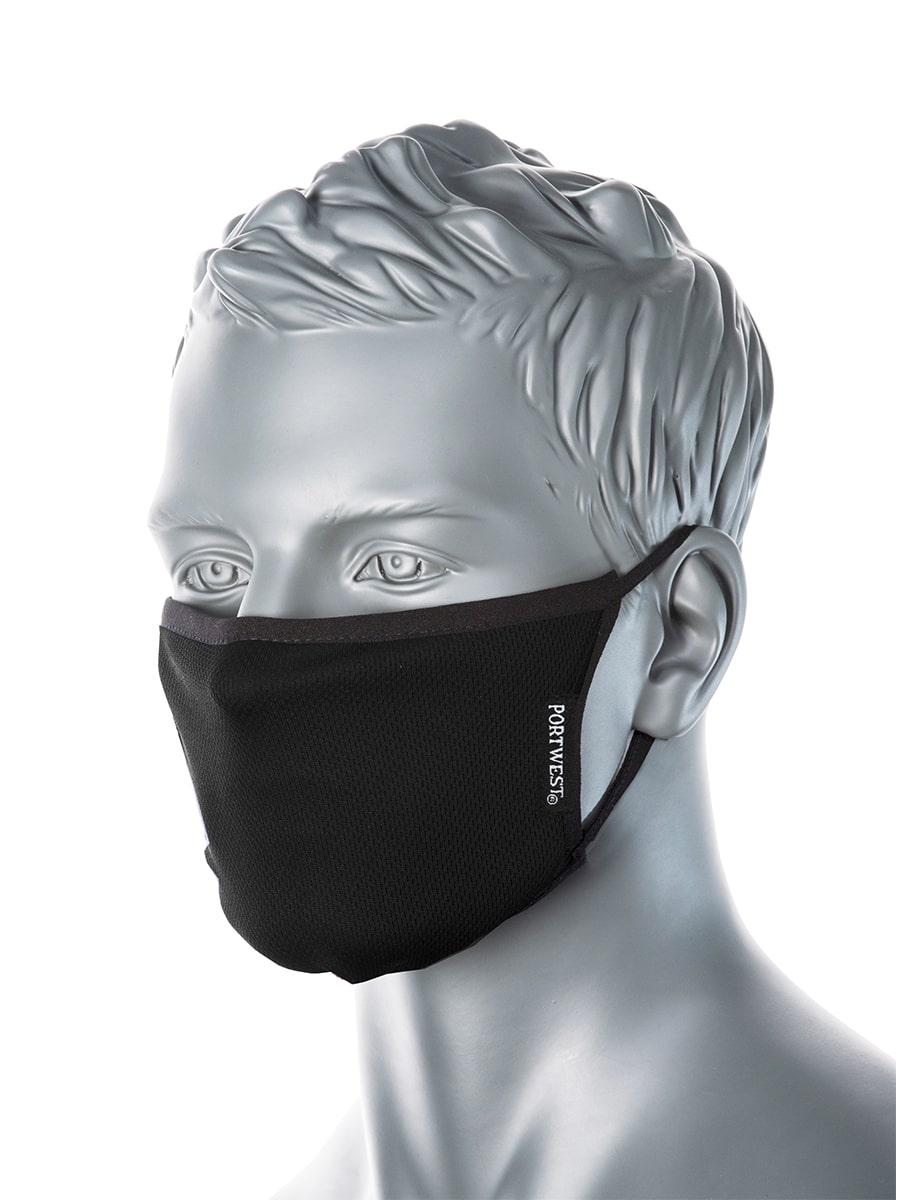 Portwest Gesichtsmaske schwarz, 3-lagig, seitliche Ansicht mit Markenpatch