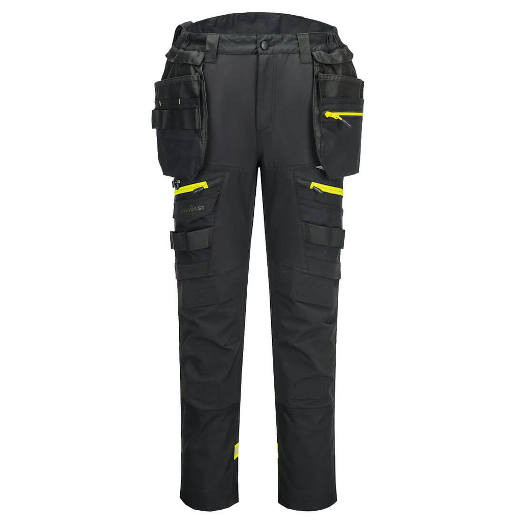 Leichte Hose mit Holstertaschen, schwarze Cargo-Hose mit gelben Akzenten vorn