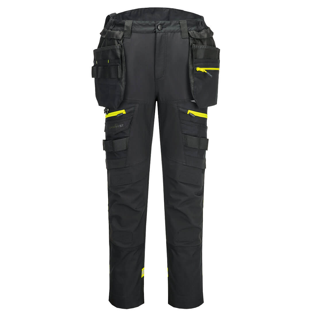 Leichte Hose mit Holstertaschen, schwarze Cargo-Hose mit gelben Akzenten vorn