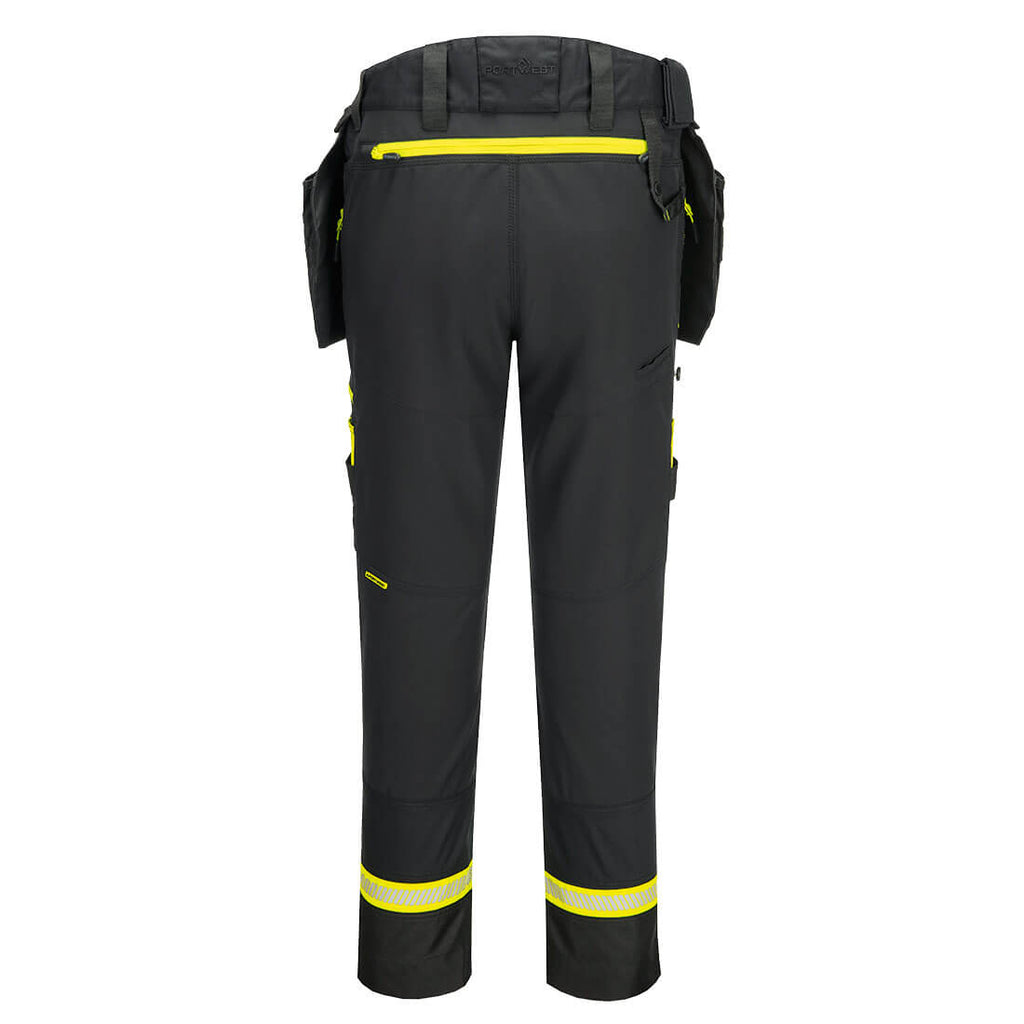 Leichte Arbeitshose mit Holstertaschen, schwarz, gelbe Reflexstreifen und Taschen hinten