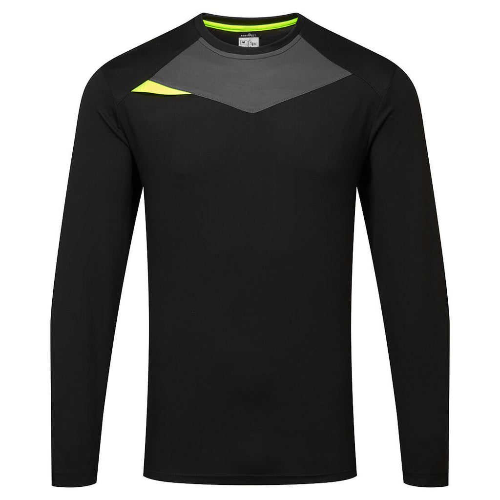 Schwarzes Langarmshirt mit grauem Frontpanel und neongrünem Saum