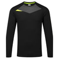 Schwarzes Langarmshirt mit grauem Frontpanel und neongrünem Saum