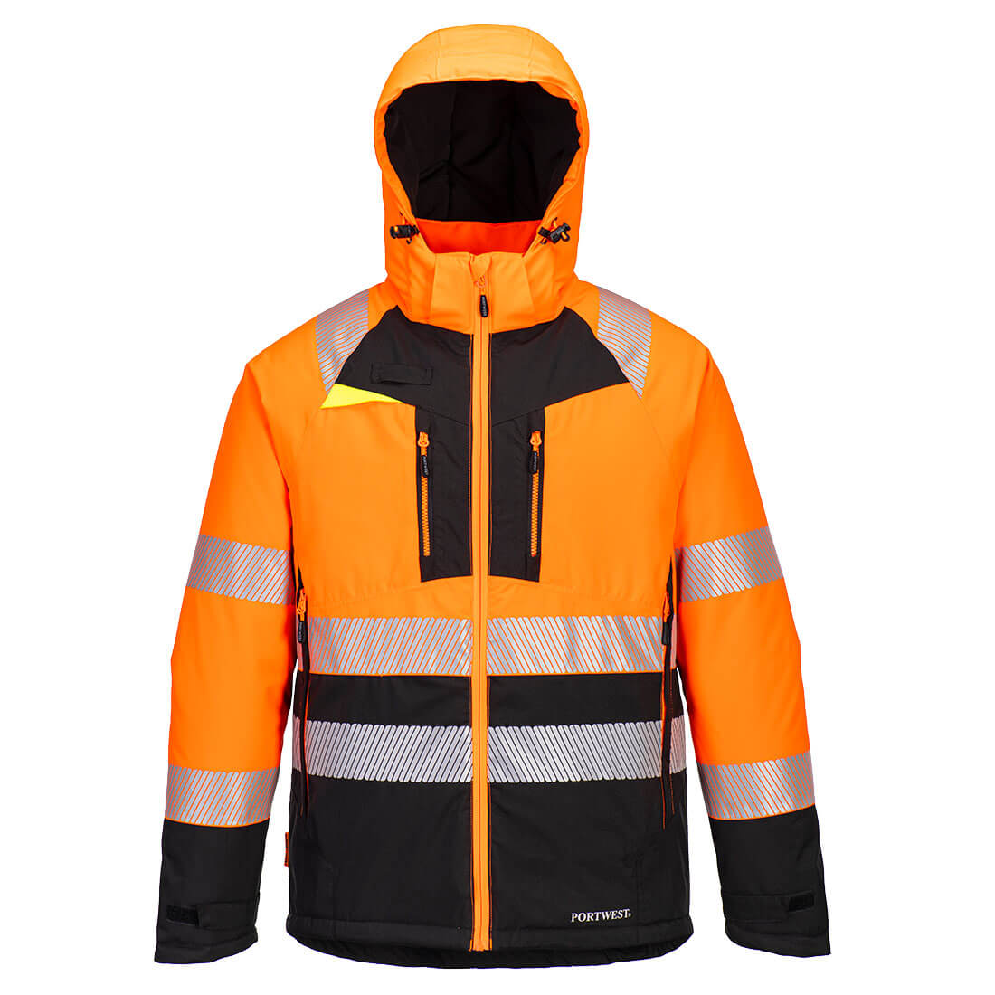 Hi-Vis Winterjacke, orange mit Kapuze, reflektierenden Streifen und Frontreißverschluss