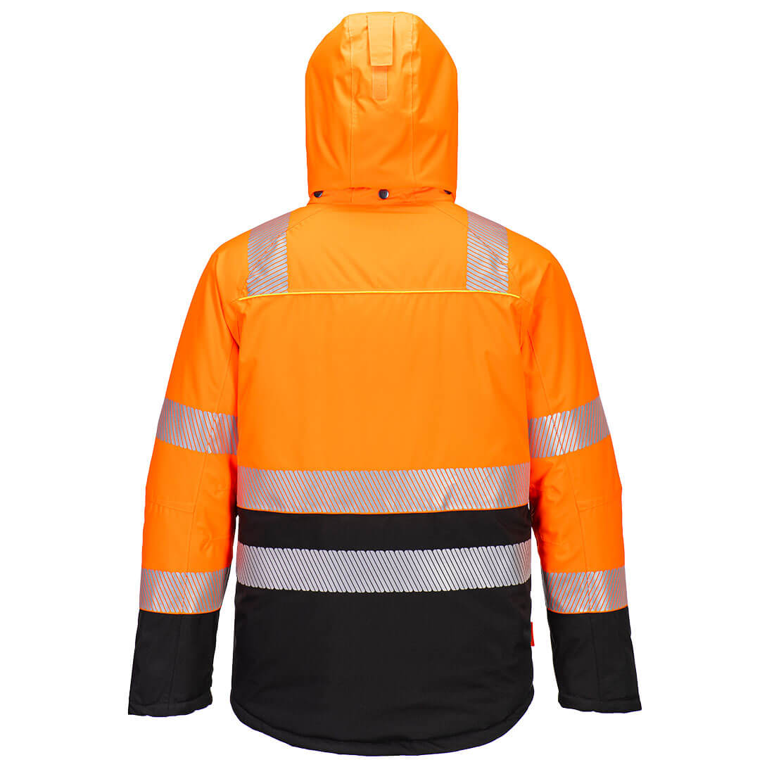 Hi-Vis Winterjacke, hinten orange mit Kapuze, reflektierenden Streifen und Reißverschluss