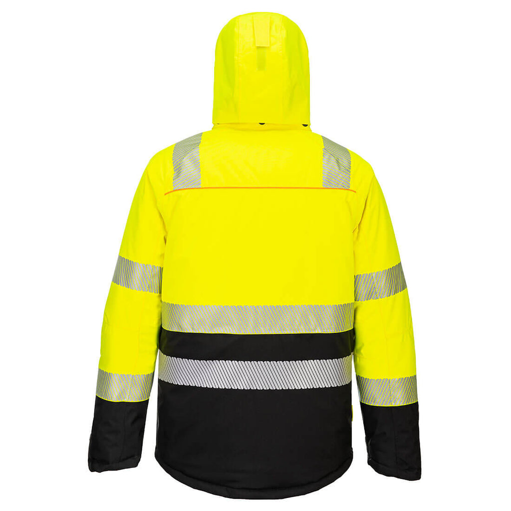 Hi-Vis Winterjacke, neon gelb/schwarz, Kapuze, breite Reflexstreifen auf Rücken