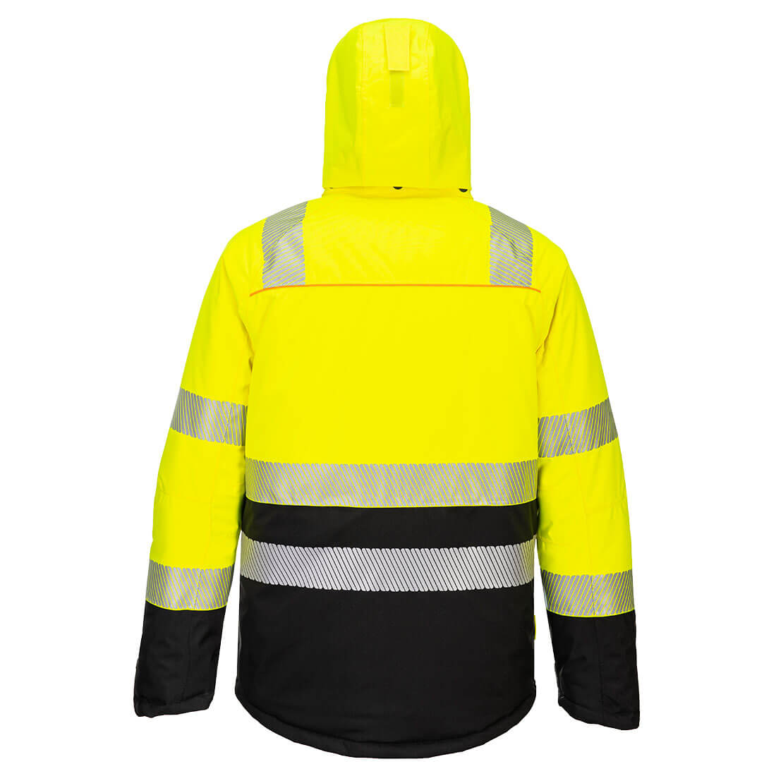 Hi-Vis Winterjacke, neon gelb/schwarz, Kapuze, breite Reflexstreifen auf Rücken
