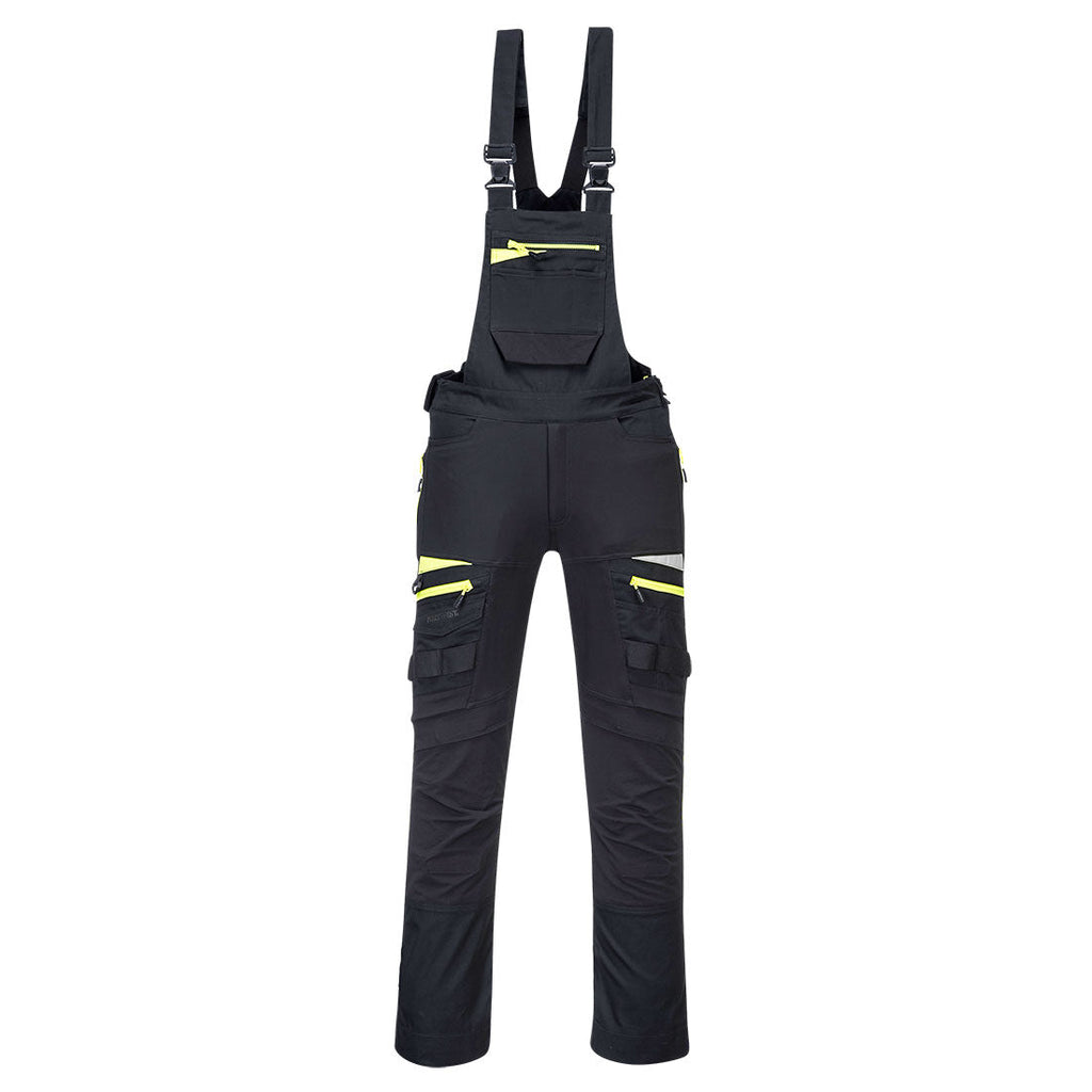 Schwarze Latzhose mit gelben Reflektoren, verstellbaren Trägern und Fronttaschen
