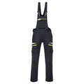 Schwarze Latzhose mit gelben Reflektoren, verstellbaren Trägern und Fronttaschen