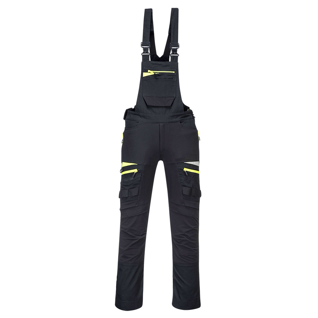 Schwarze Latzhose mit gelben Reflektoren, verstellbaren Trägern und Fronttaschen