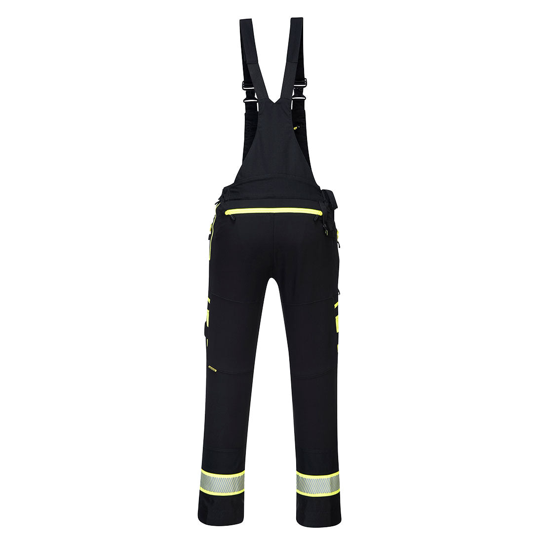 Schwarze Latzhose mit gelben Reflektstreifen, verstellbaren Trägern und Seitentaschen