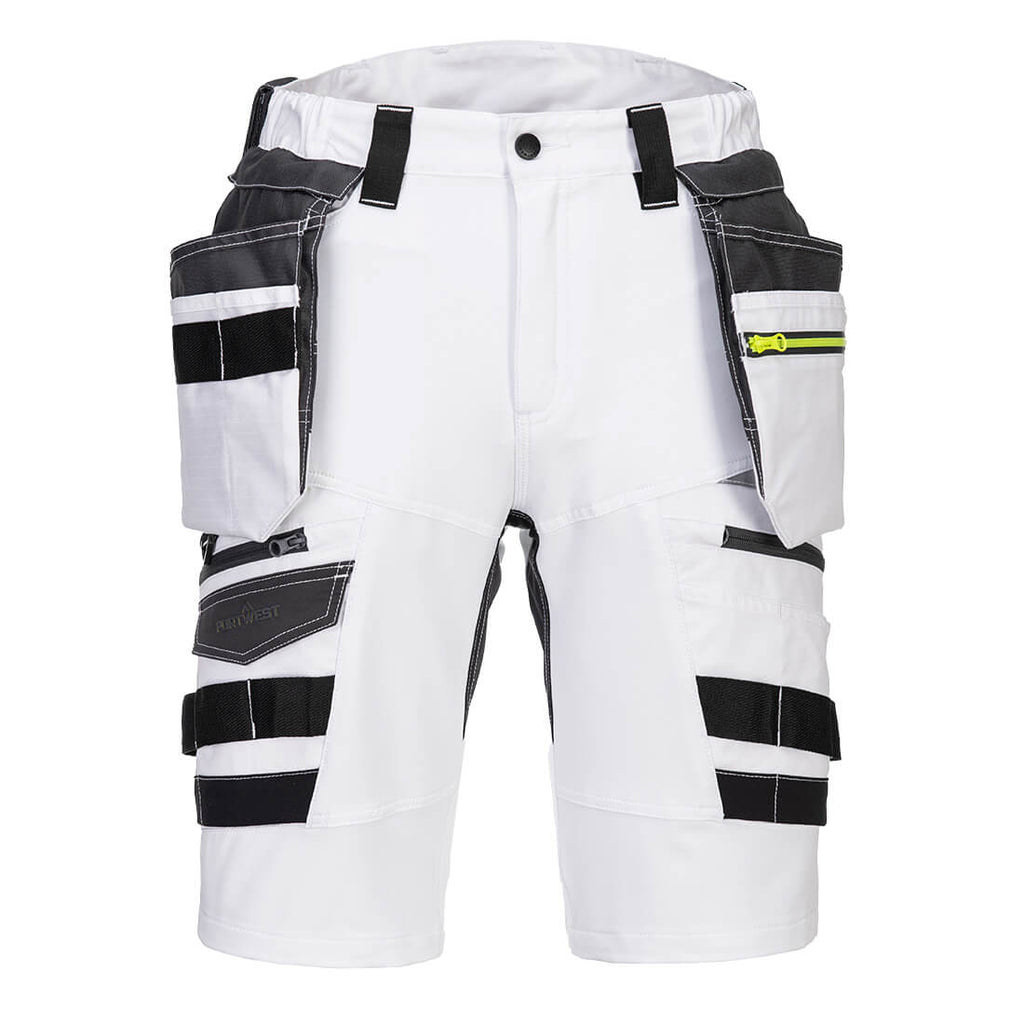 Weiße Arbeits-Shorts mit abnehmbaren Holstertaschen, schwarzen Klettbändern und Taschen