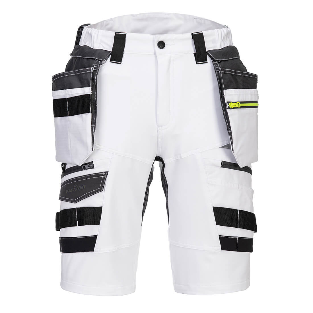 Weiße Arbeits-Shorts mit abnehmbaren Holstertaschen, schwarzen Klettbändern und Taschen