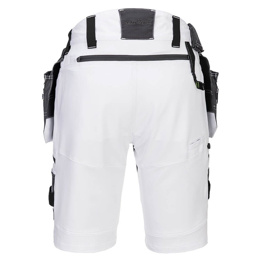 Weiße Arbeits-Shorts mit abnehmbaren Holstertaschen am Rücken und schwarzem Bund