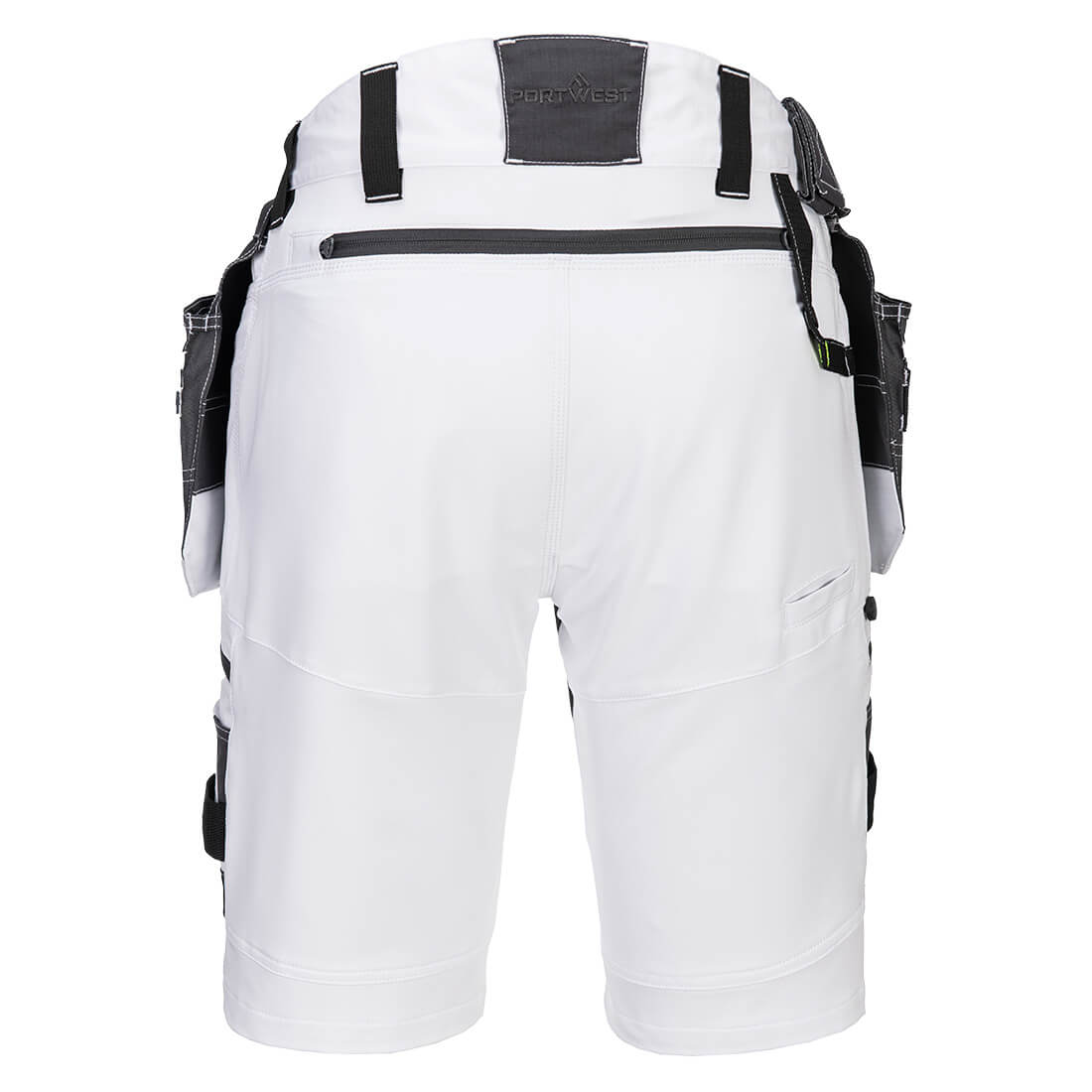 Weiße Arbeits-Shorts mit abnehmbaren Holstertaschen am Rücken und schwarzem Bund