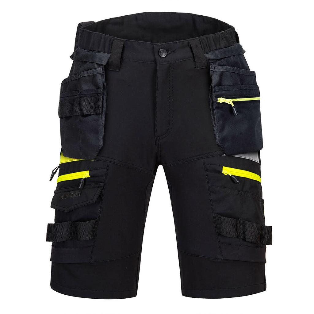 Schwarze Cargo-Shorts mit abnehmbaren Holstertaschen und gelben Ziernähten