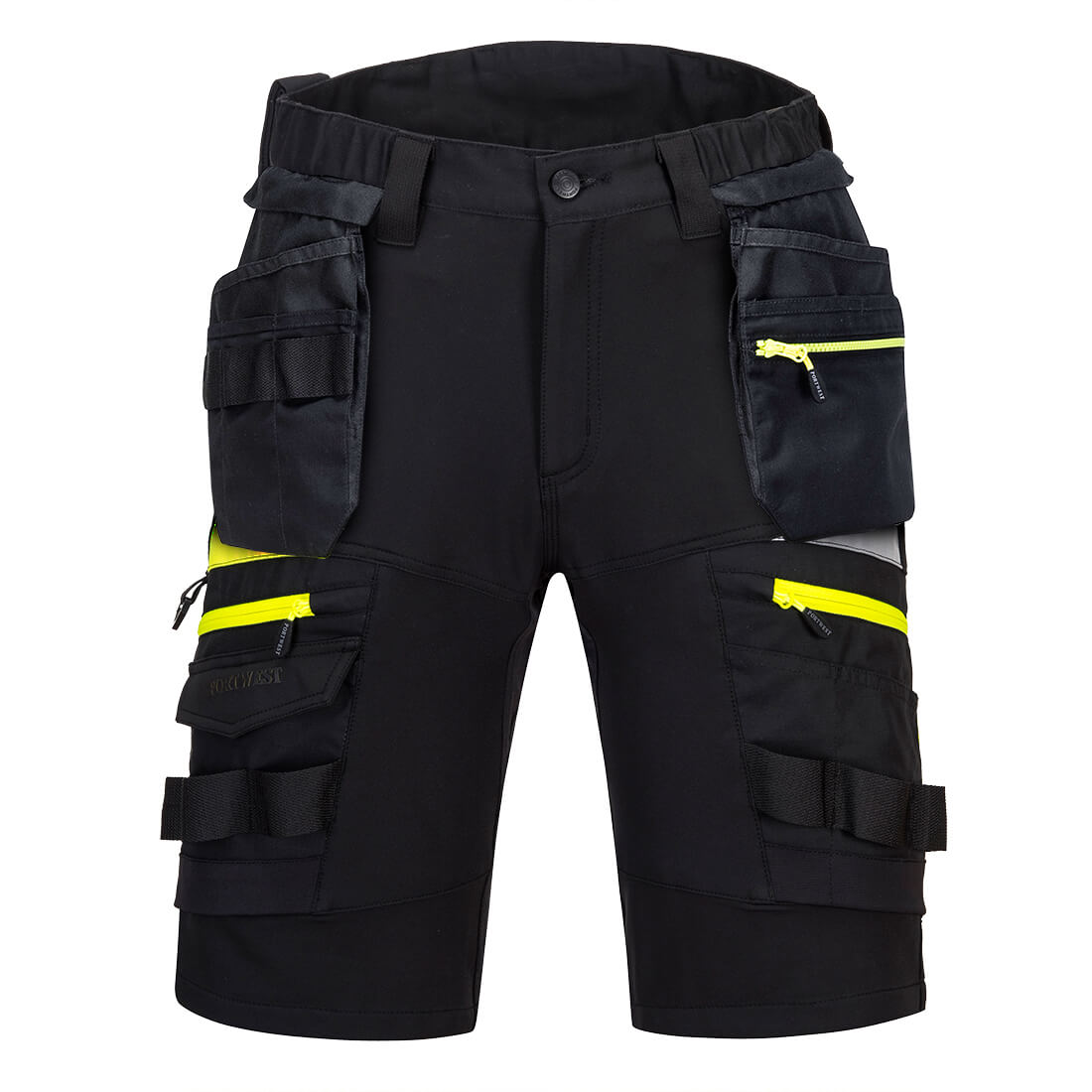 Schwarze Cargo-Shorts mit abnehmbaren Holstertaschen und gelben Ziernähten