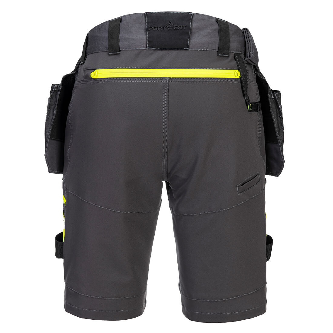 Abnehmbare Holstertaschen-Shorts, dunkelgrau, Rückansicht mit Zippfach und Gürtelschlaufen