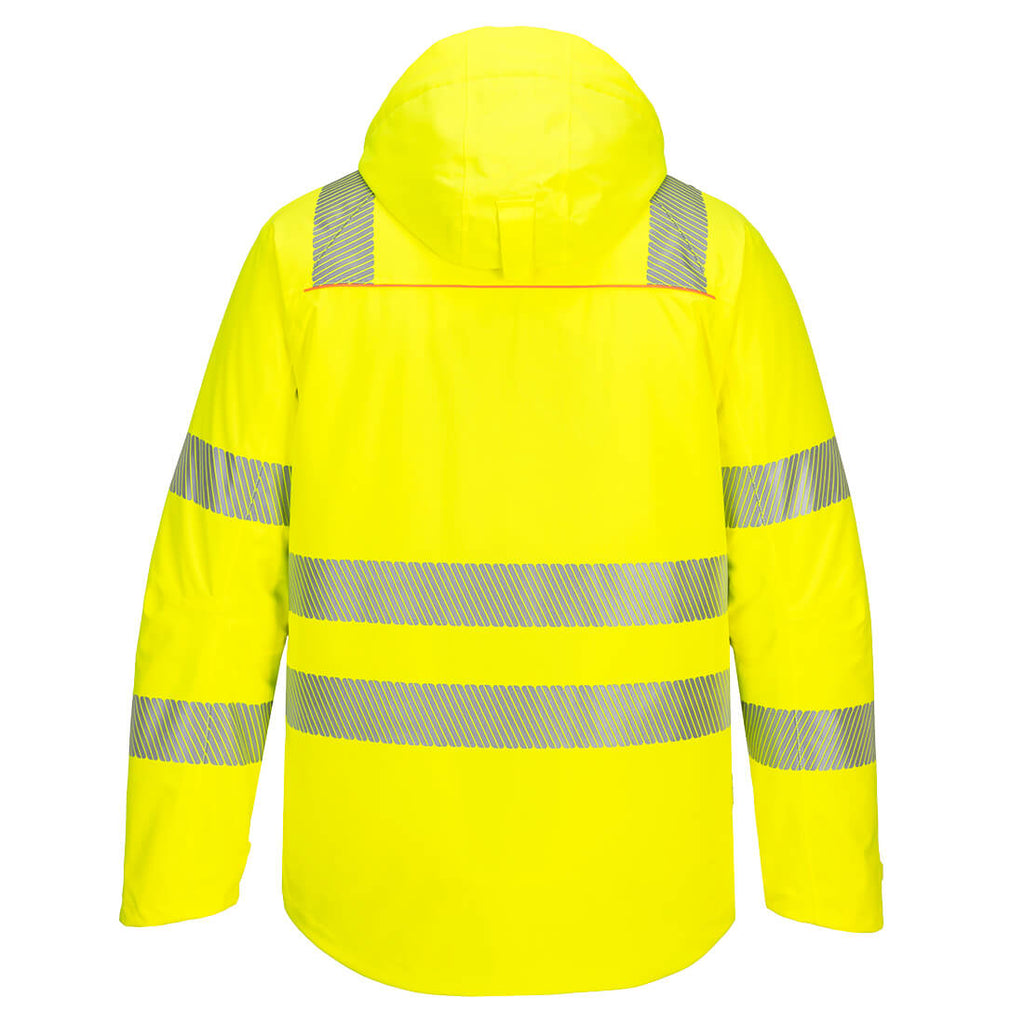 Warnschutz-Winterjacke gelb mit reflektierenden Bändern, Kapuze und Rückansicht