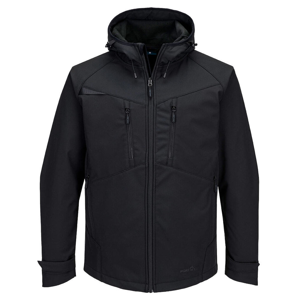 Portwest DX4 Softshelljacke 3L mit Kapuze, durchgehendem Reißverschluss und Fronttaschen.