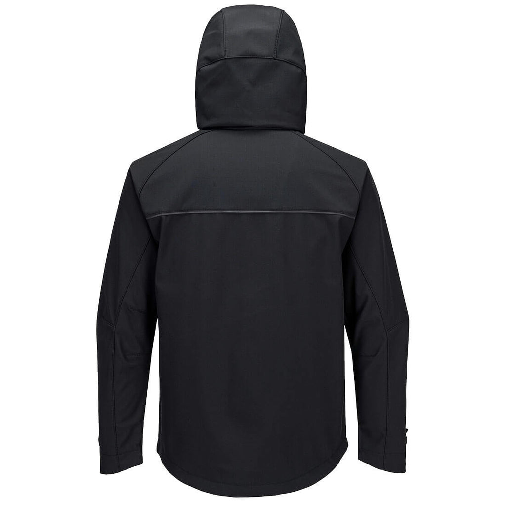 Portwest DX4 Softshelljacke 3L, Rückansicht mit Kapuze und durchgehendem Reißverschluss.