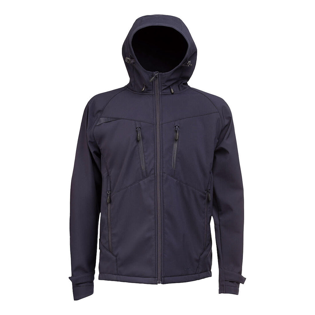 Dunkelblaue Softshelljacke mit Kapuze, durchgehendem Reißverschluss und Fronttaschen.