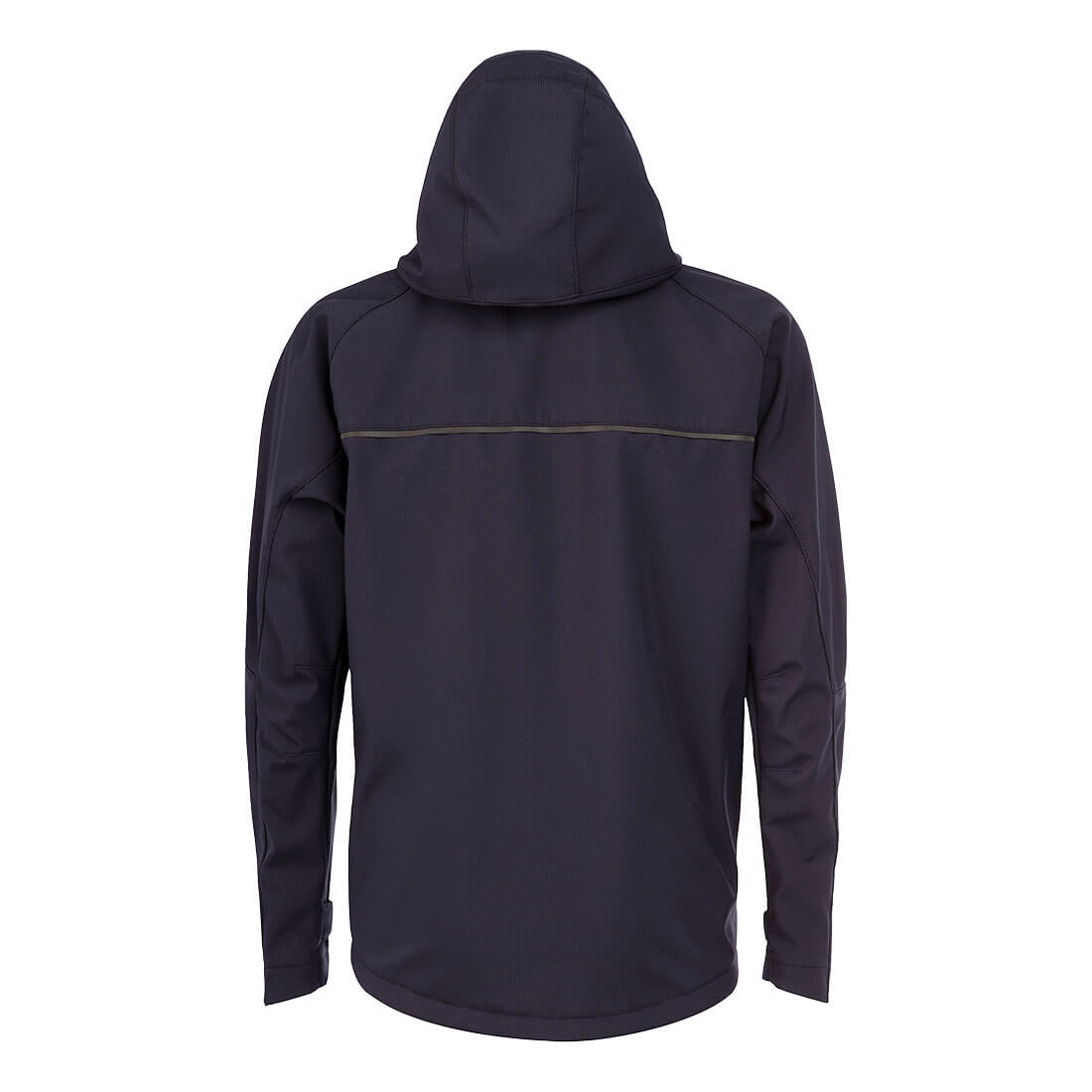 Dunkelblaue Softshelljacke von hinten mit Kapuze und Kontrastnähten.