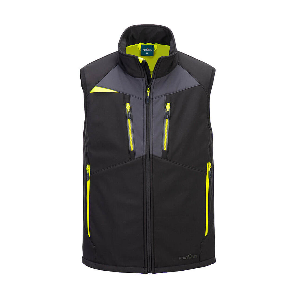 Softshell-Weste mit Reißverschluss und Stehkragen, schwarz mit Neon-Details vorne