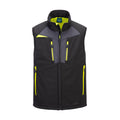 Softshell-Weste mit Reißverschluss und Stehkragen, schwarz mit Neon-Details vorne