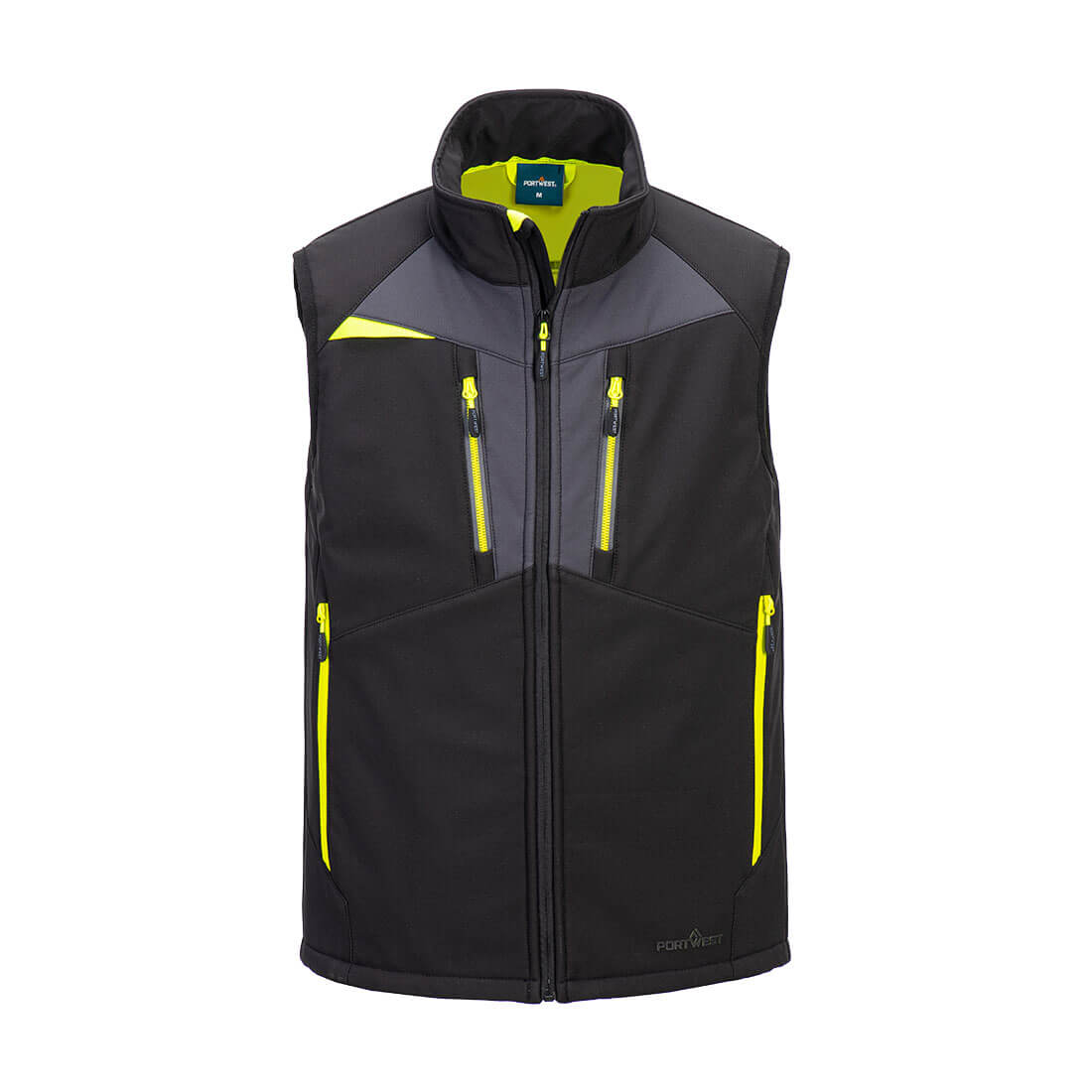 Softshell-Weste mit Reißverschluss und Stehkragen, schwarz mit Neon-Details vorne
