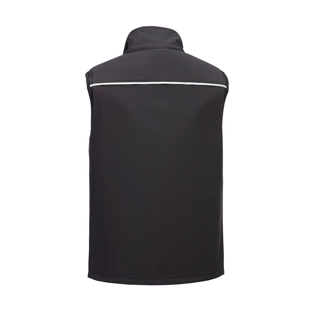 Softshell-Weste Rückenansicht, schwarz mit hellen Zierstreifen über den Schultern