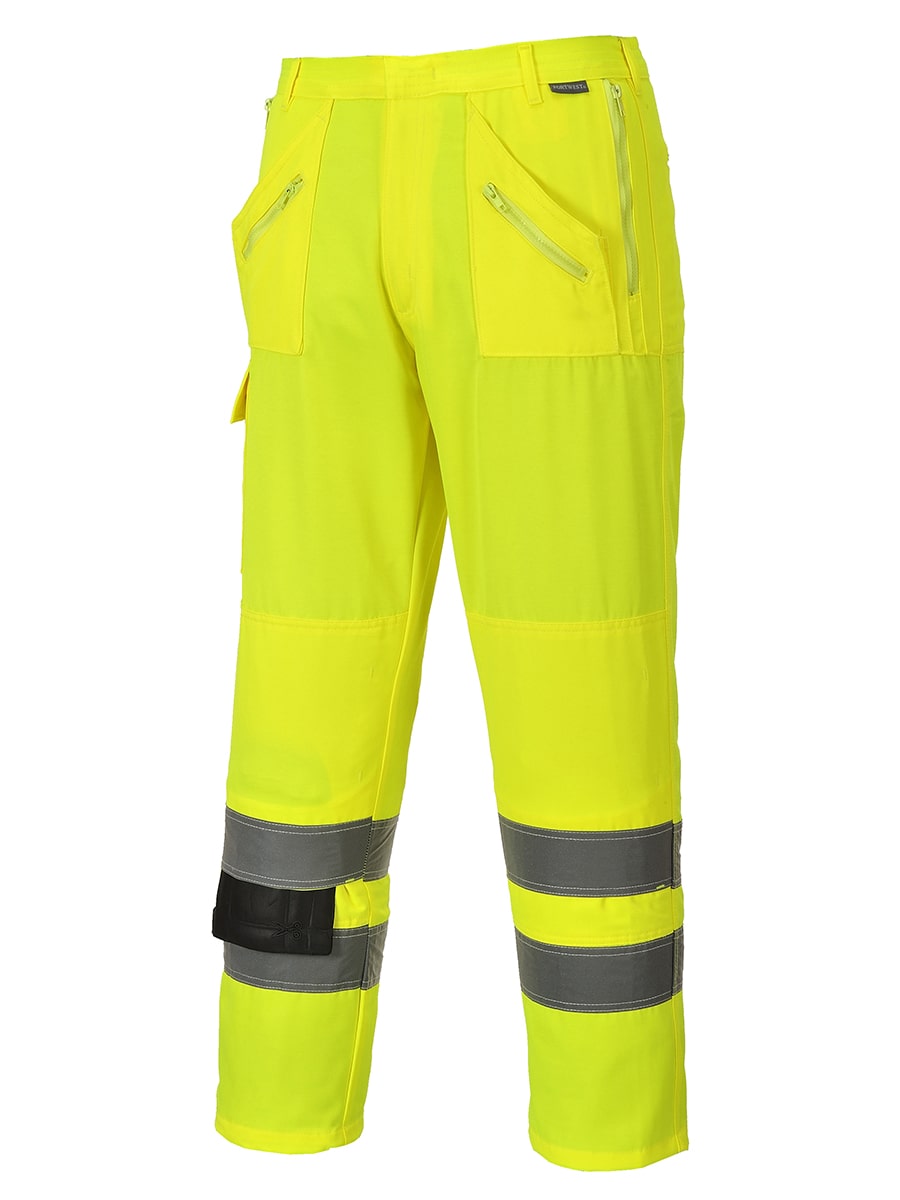 Portwest Warnschutzhose gelb, Rückansicht mit Taschen und Reflexstreifen am Saum