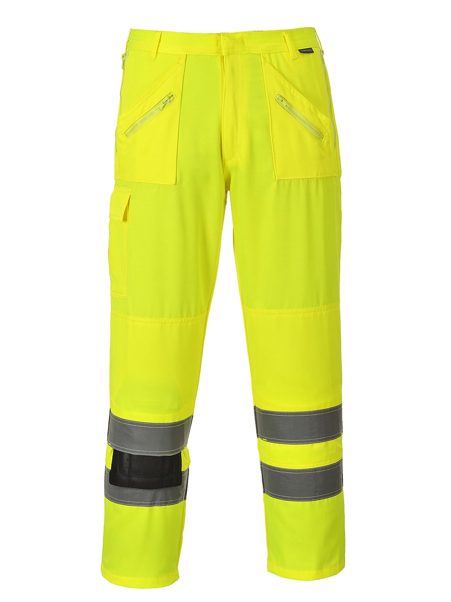 Portwest Warnschutzhose gelb mit Seitentaschen und Reflexstreifen an den unteren Beinen
