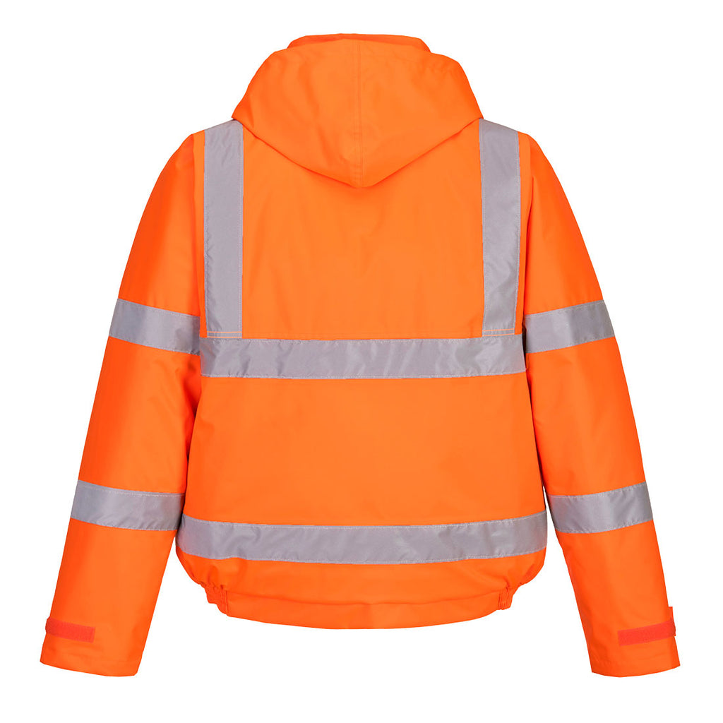 Orange Warnschutz-Winterpilotenjacke mit reflektierenden Streifen und Kapuze hinten