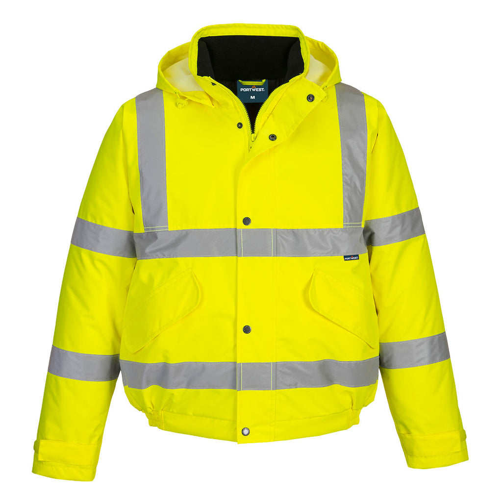 Neon-Gelbe Hi-Vis-Winterpilotjacke mit Kapuze, Knopfleiste und Reflexstreifen vorn