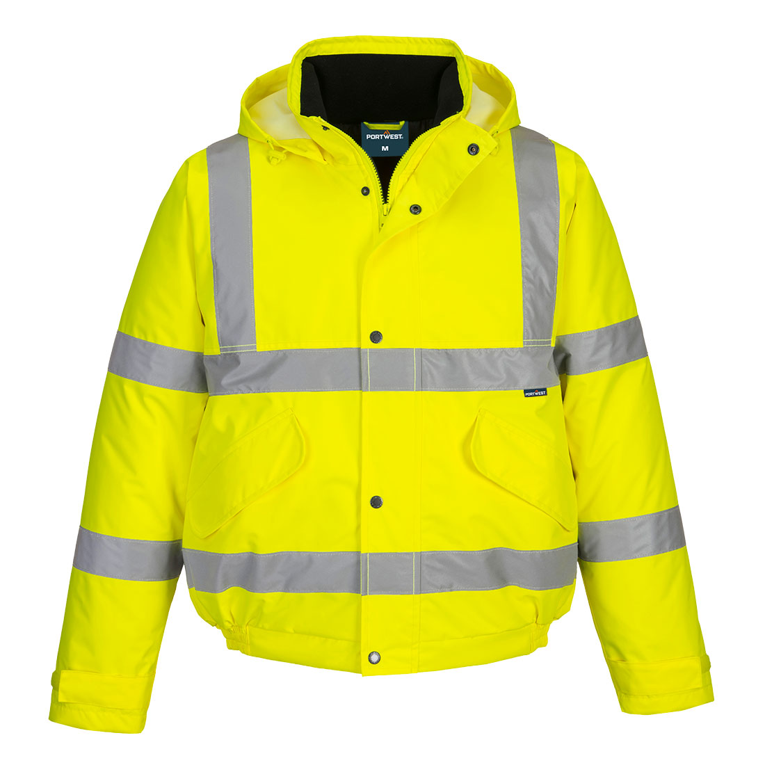 Neon-Gelbe Hi-Vis-Winterpilotjacke mit Kapuze, Knopfleiste und Reflexstreifen vorn