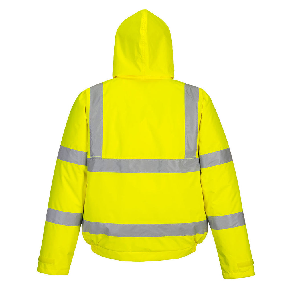 Neon-Gelbe Hi-Vis-Winterpilotjacke mit Kapuze und Reflexstreifen, Rückansicht
