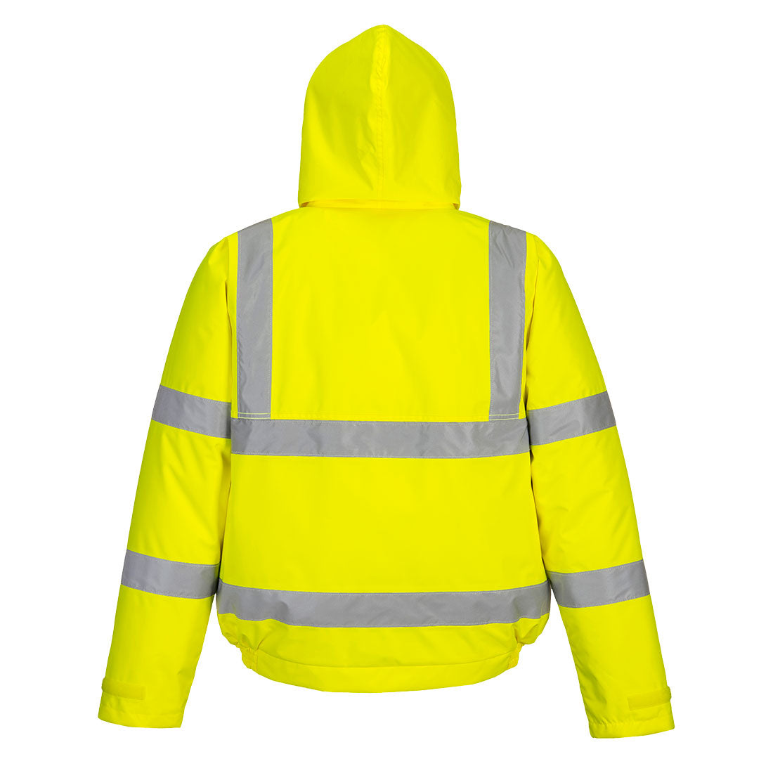 Neon-Gelbe Hi-Vis-Winterpilotjacke mit Kapuze und Reflexstreifen, Rückansicht