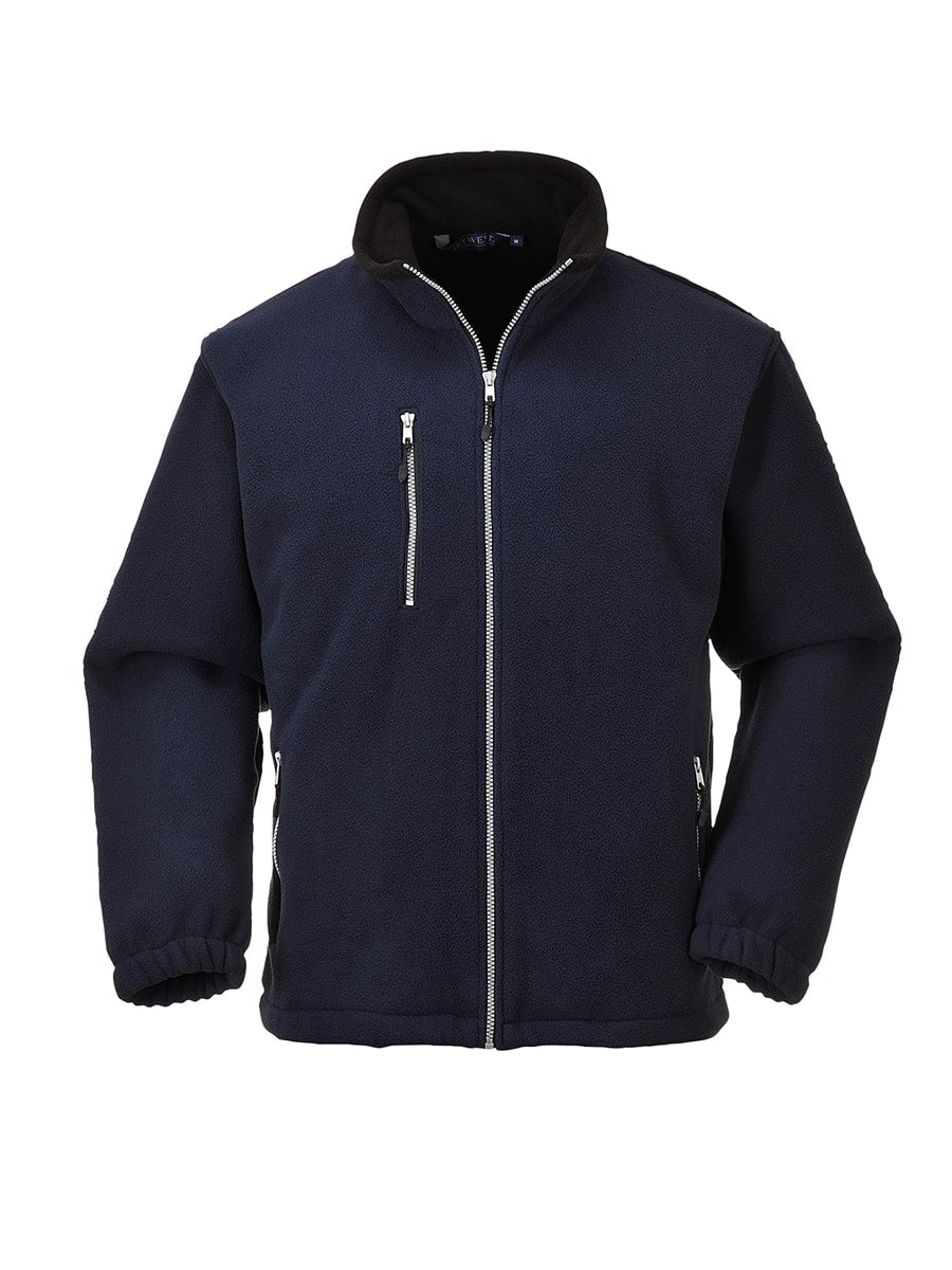 Portwest City Fleecejacke F401: dunkle marineblaue Fleecejacke mit durchgehendem Reißverschluss und Kapuze