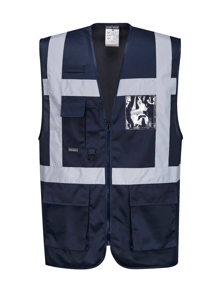 Exekutivweste navy mit breiten weißen Streifen, vorderem Reißverschluss und mehreren Taschen