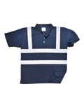 Warnschutz-Poloshirt marineblau mit zwei breiten Reflektorstreifen und Knopfleiste
